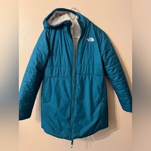 The North Face insulated girls turquoise reversible jacket with fuzzy side